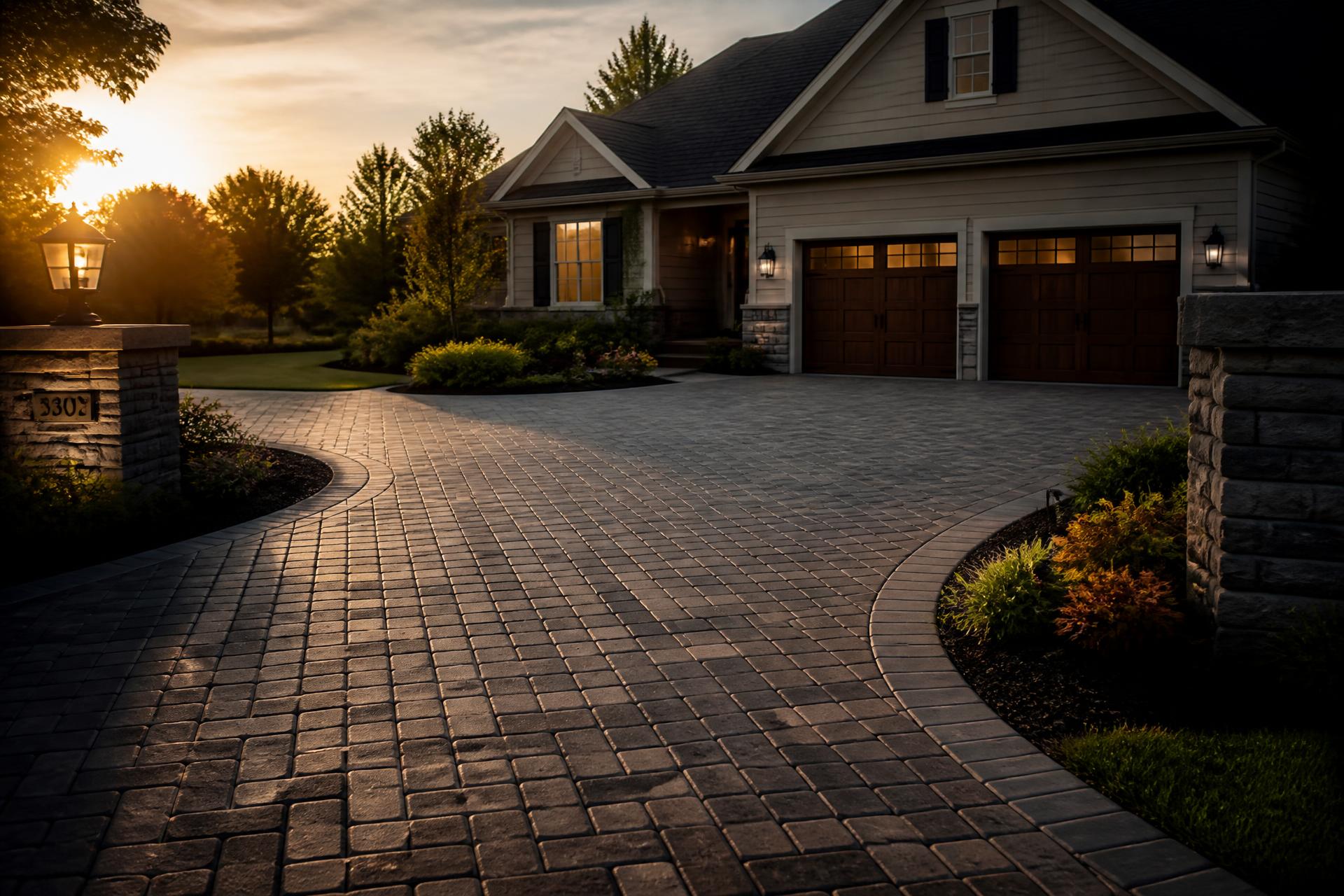 Newly finished paver driveway at a suburban home at golden hour
